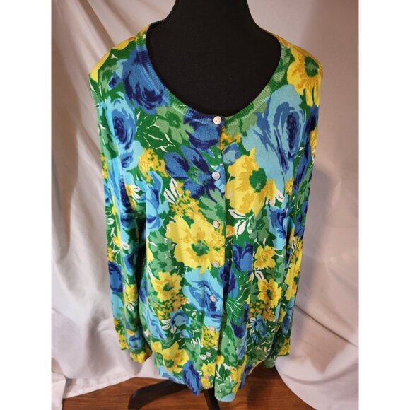 Lands End Women's 2X 20W/22W Cardigan Button Up Supima Cotton Watercolor Floral - Picture 1 of 6